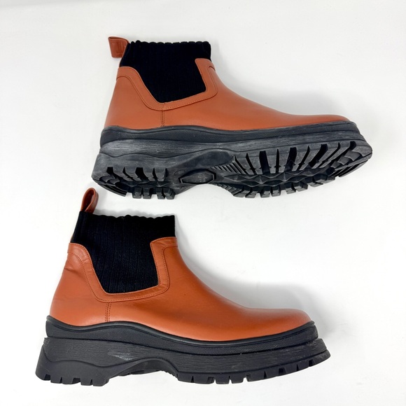 Staud Women's Brown Bow Sock-Ankle Lug Sole Chelsea Boots - Picture 3 of 12